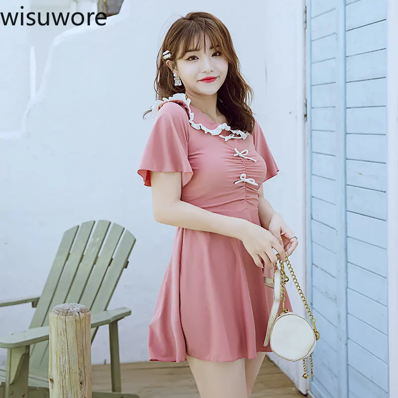 

One Pieces Swimsuit Pink Doll Collar Women Short Sleeves High Waist Skirt Plus Size Swimwear Push Up Bodysuit Bathing Suit Women