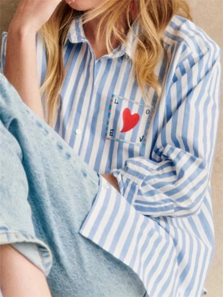 

Women's Stripes Shirt 2024 New Spring Heart-Shaped Letter Turn-down Collar Loose Commuter Long Sleeve Blouses