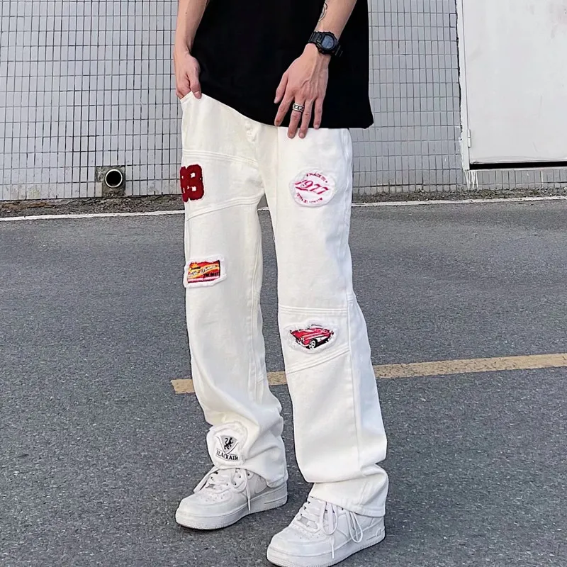 Vibe Patch Embroidery White Hip Hop Men Cargo Jeans Pants Y2K Clothes Multiple Pockets Straight Baggy Long Trousers Ropa Hombre