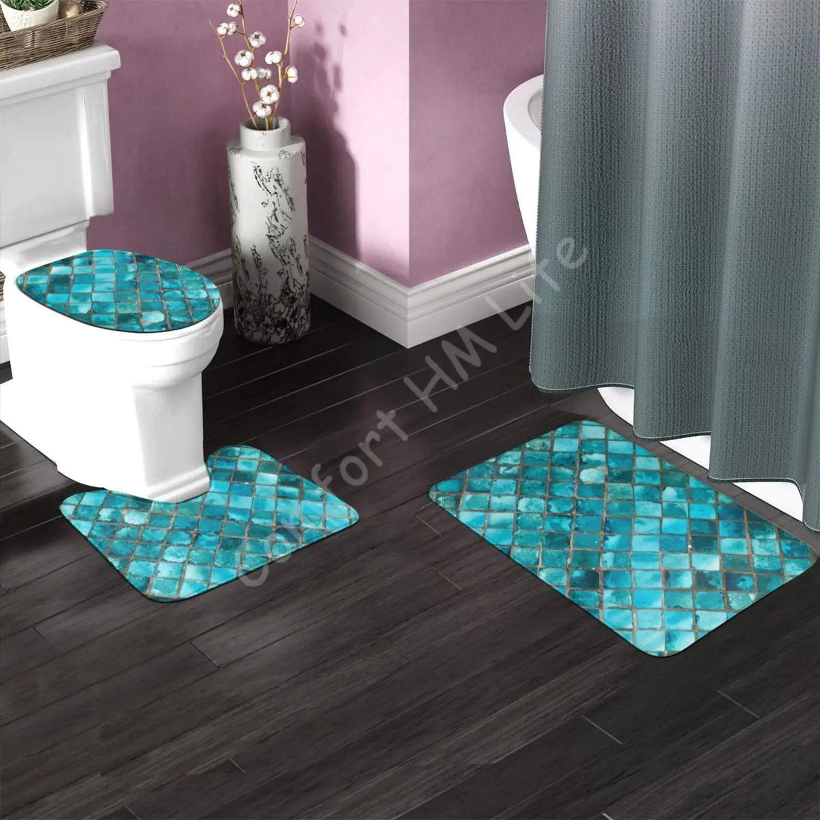 3-PC Rock Turquoise High Quality Memory Foam Bathroom Bath Rug Set Washable  Anti Slip Rug, Contour Mat and Toilet Seat Lid Cover with Non-Skid Rubber