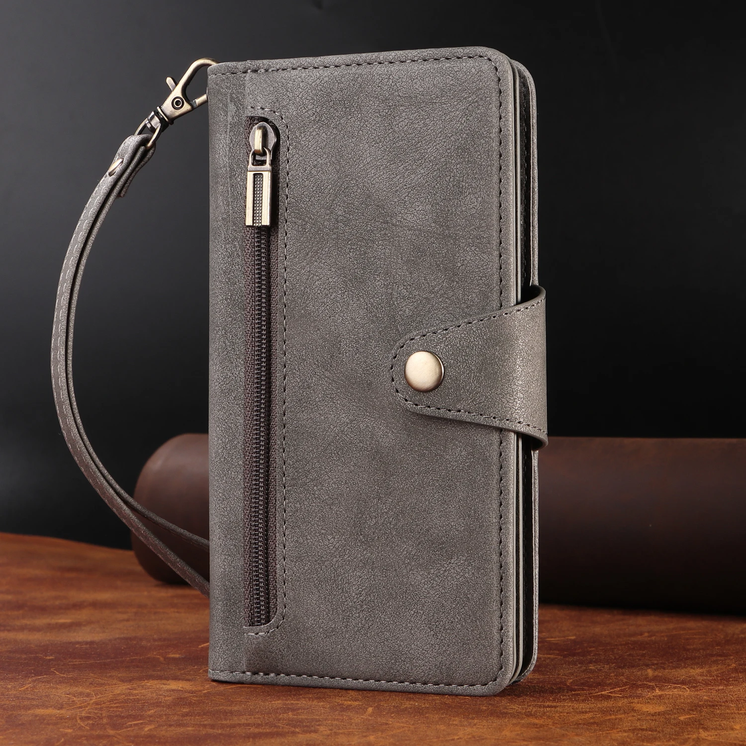 Universal Multi-Card Leather Wallet Case with Zipper, Kickstand, and Magnetic Closure