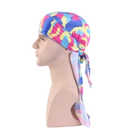 Unisex Thick Silk Men Hair Wave Cap Camouflage Color Durag Bandanas Men Women Hair Wave Cap Long Straps Headband Men Silk Durag