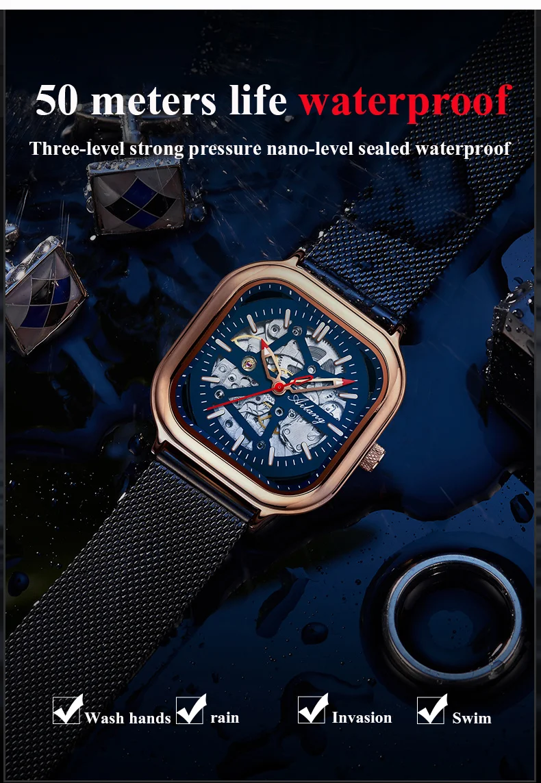 AILANG Top Skelett Quadrat Mechanesch Fir Männer Automatesch Handgelenk Waasserdicht Mesh Gürtel es_voghion.com