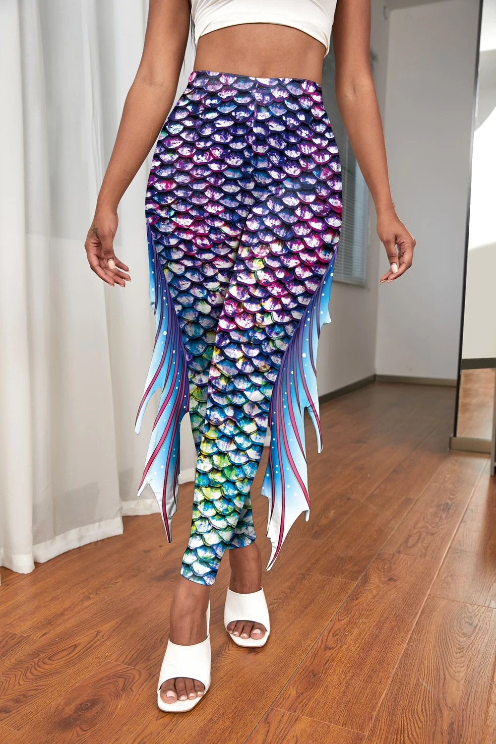 Nadanbao Bunte Meerjungfrau-Leggings für Damen, Fischschuppen-Druckhose, elastische Yoga-Strumpfhose, Outdoor, Urlaub, Party, Strandhose – Detail 39
