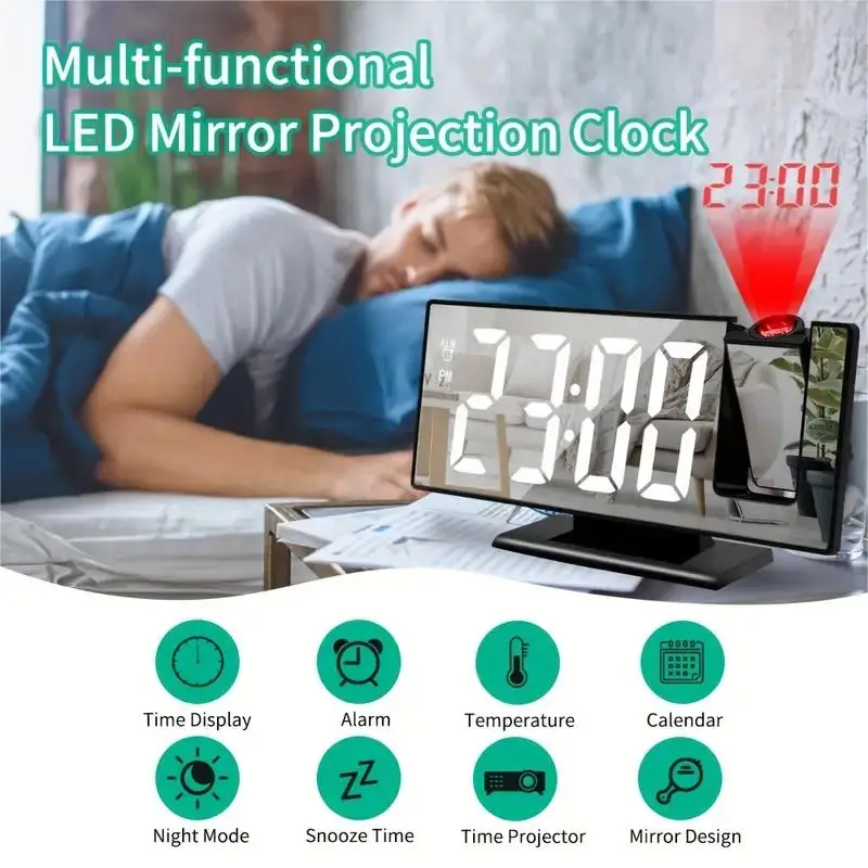 

1pc Projection Alarm Clock LED Large Display Temperature Electronic Alarm Clock Mirror Display Digital Alarm Clock For Bedroom