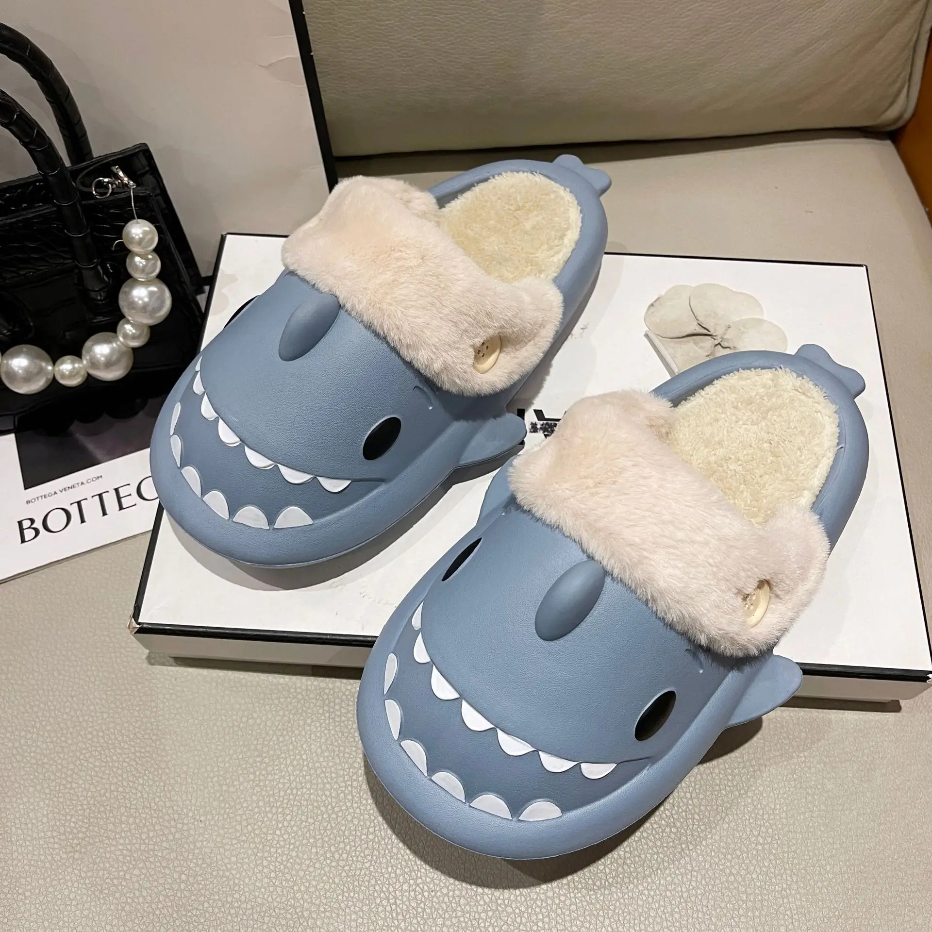 Shark Cotton Slippers Woman Waterproof Winter Indoor Non-slip Slides Plush Warm Couple Home Sandals Flat Shoe Shark Flip Flops 5