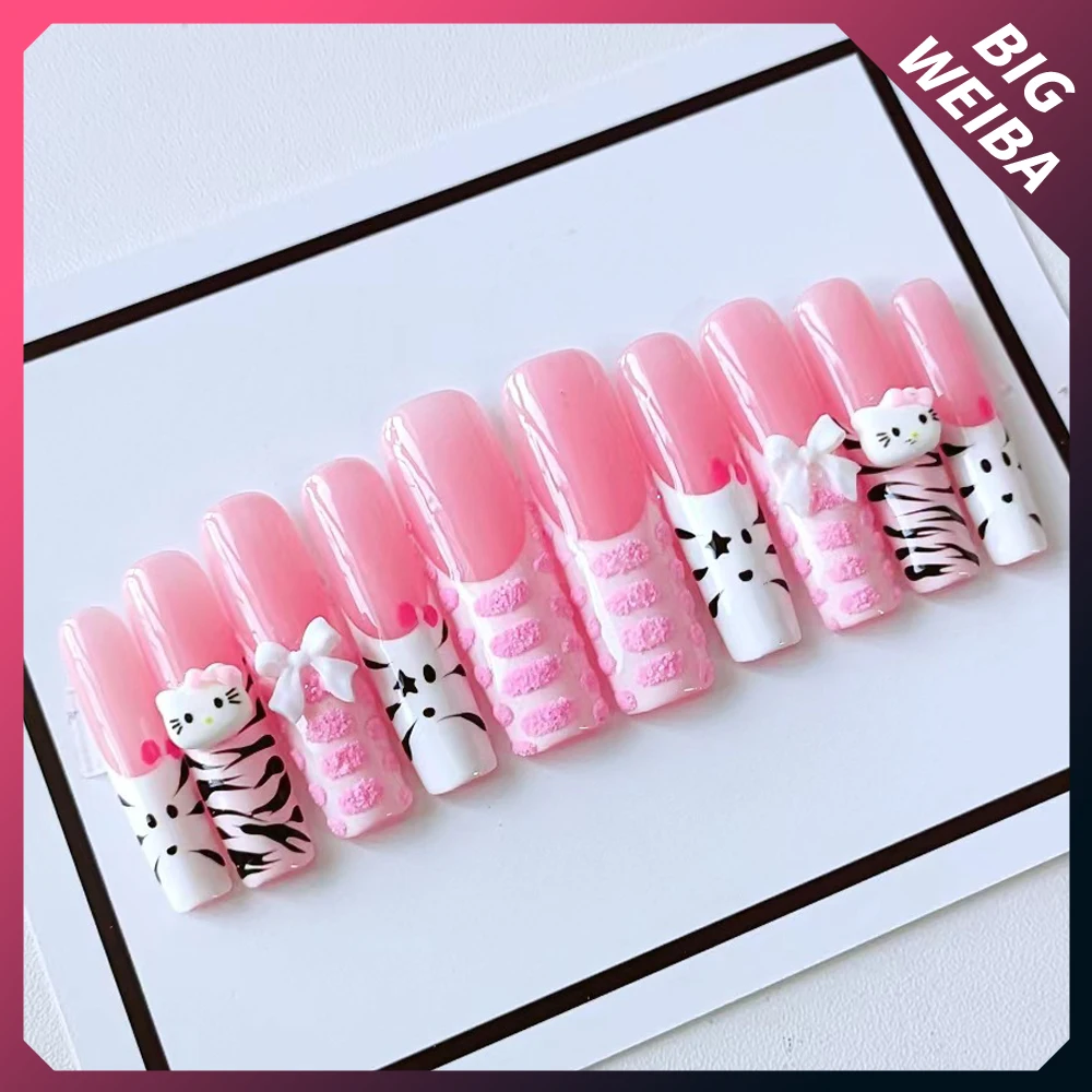 

Hello Kitty 3D Stereo Fashion Fake Pink Nails Rectangle French Bowknot Design Spice Girl Handmade Artifical Full Cover Nail Tips
