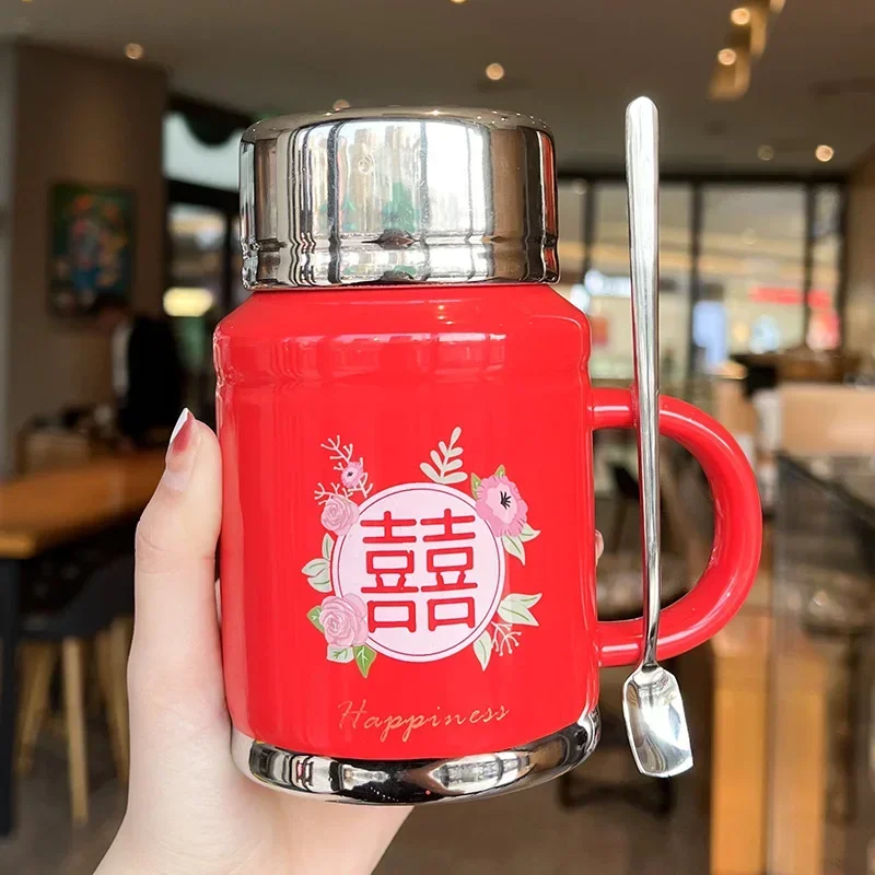 

Chinese Vintage Style Kettle Ceramic Mug with Lid Spoon Wedding Souvenir Couple Gift Creative Nostalgic Coffee Cup Home Decor