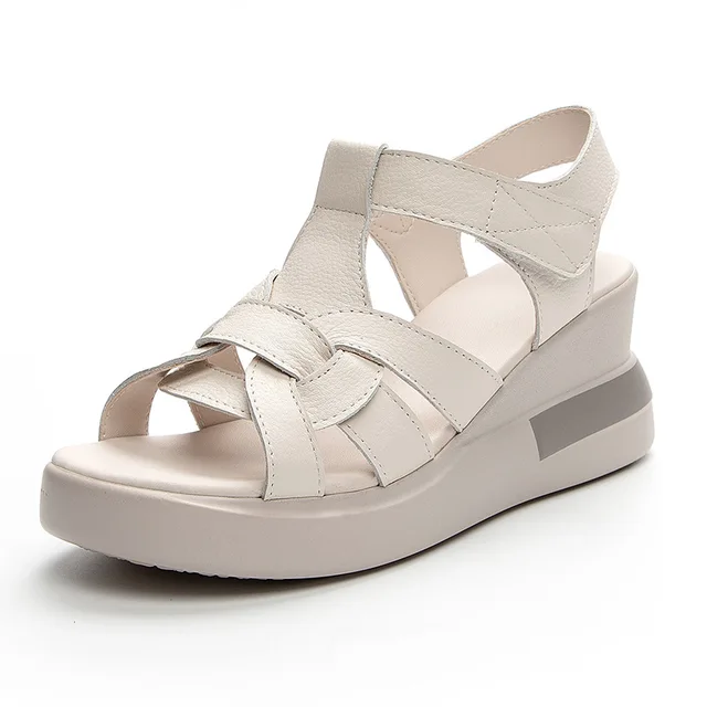 2026 New 6.5cm Genuine Leather Women Shoes Sandals Platform Slippers Wedge Hook Loop for Female Summer Shoes Women Sandaleas