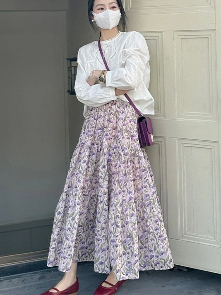 

Purple Skirts Women Loose Long Summer Literary Office Lady Temperament Vintage Floral Sweet Gentle A-line Prairie Chic Leisure