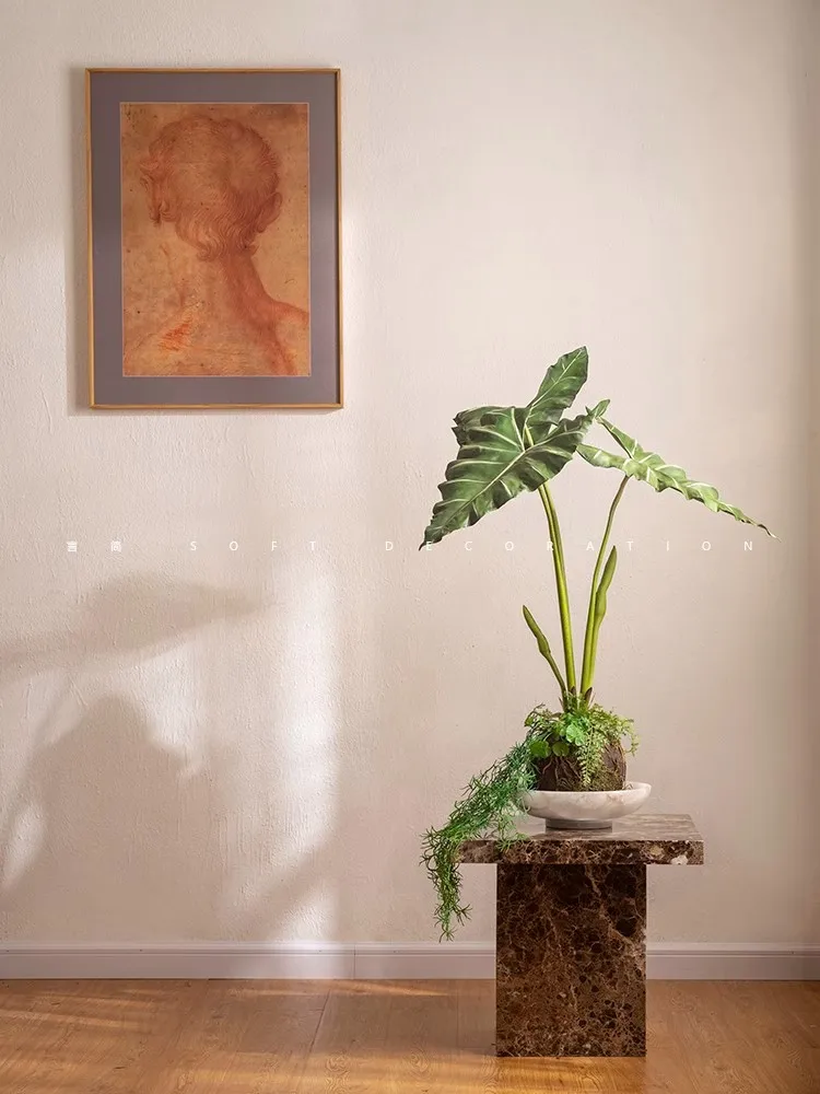 Light Luxury Retro Style Natural Marble Home Living Room Side Table Plant Pot Display Table Height 50cm Wide 50cm Thick 4.5cm