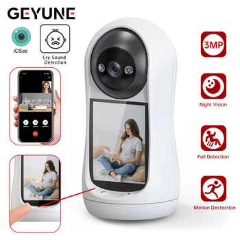 Wifi Camera 2K 3MP 2.8 inch IPS Screen Human Tracking Two Way Audio PTZ Video Calling Intercom Smart Baby Monitor Camera Icsee 1
