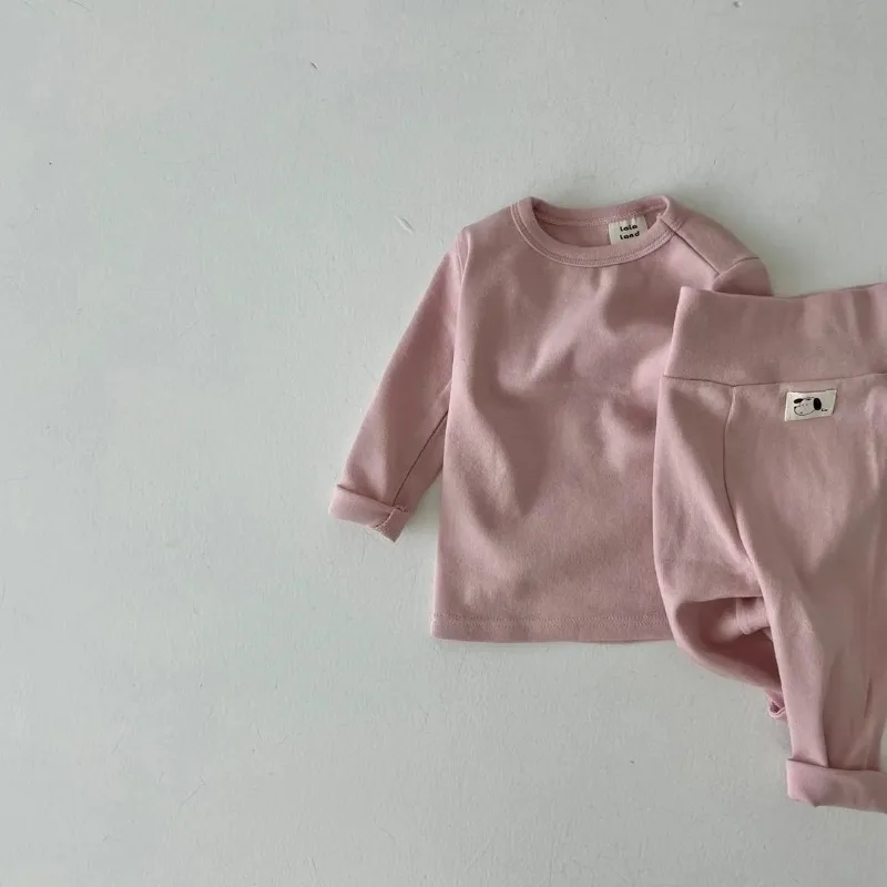 New Spring Autumn Baby Boy Girl Pajamas Solid Color Round Collar Long Sleeve Top+Soft Pants Newborn Home Wear Nightgown E22773