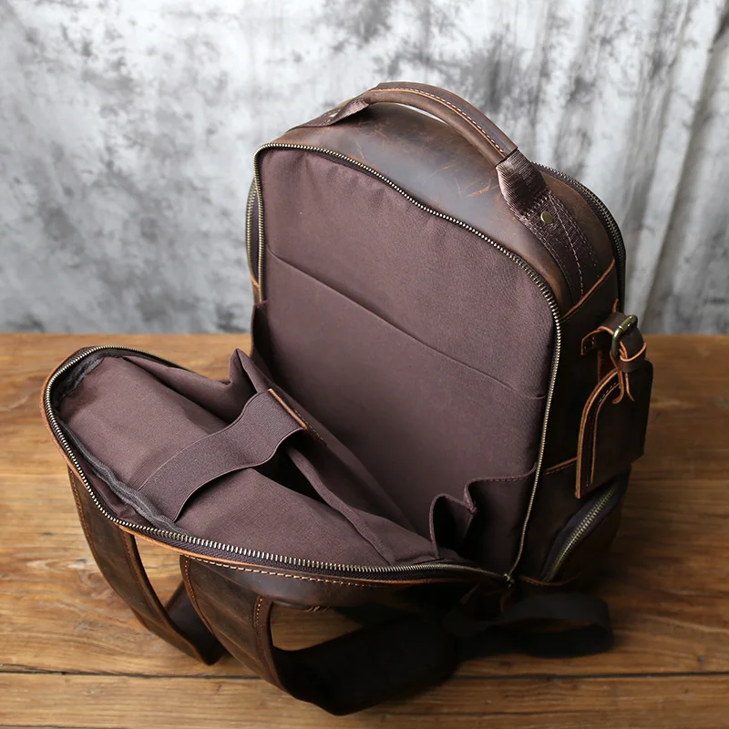 NZPJ Retro Genuine Leather Men's Backpack Top Layer Cowhide Backpack  Fashion Men's Bag Crazy Horse Skin Travel Computer Bag