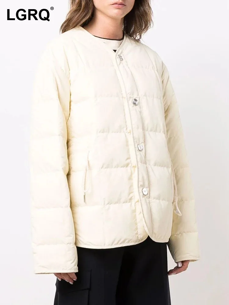 

LGRQ Coats Drawstring Casual Down Solid Women V Neck Spliced Long Sleeve Patchwork Single Breasted Plaid Down Coat Female New