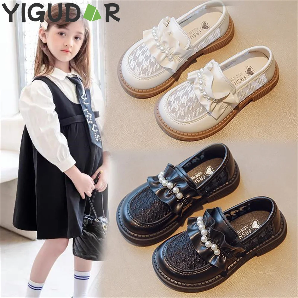 

Кожаные туфли для девочек, рандомные, свадебные, детские, черные лоферы, без застежки, детская обувь на плоской подошве, модные, в британском стиле, с жемчугом и бисером