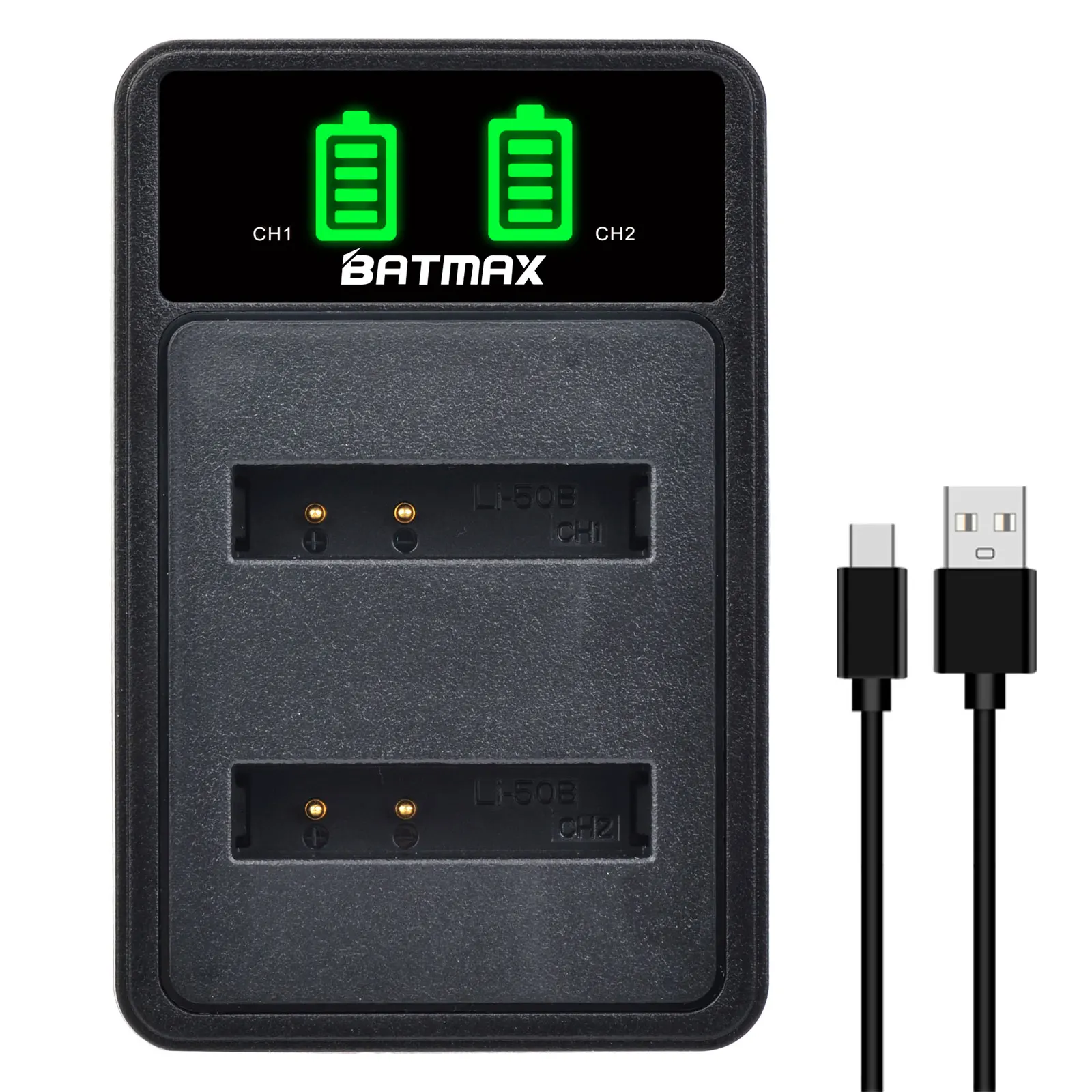 Rechargeable Battery Charger Camera Battery Charger Rechargeable Battery Camera Battery Batmax Li-50B Li50B Bateria D-Li92 Battery+LED Dual Charger with Type-C Port for Olympus u6010 u6020 for Pentax XZ-1 SP-800UZ