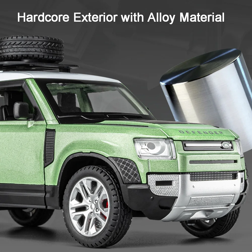 1:24 Diecast Metal Land Rover Defender Toy Car with Sound, Light, and Shock Absorption - Doors Open for Children's Edutainment