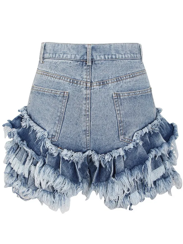 BPN Fashion Patchwork Tassel Shorts For Women High Waist Patchwork Pokcets Slimming Solid Denim Short Pants Female Clothing New
