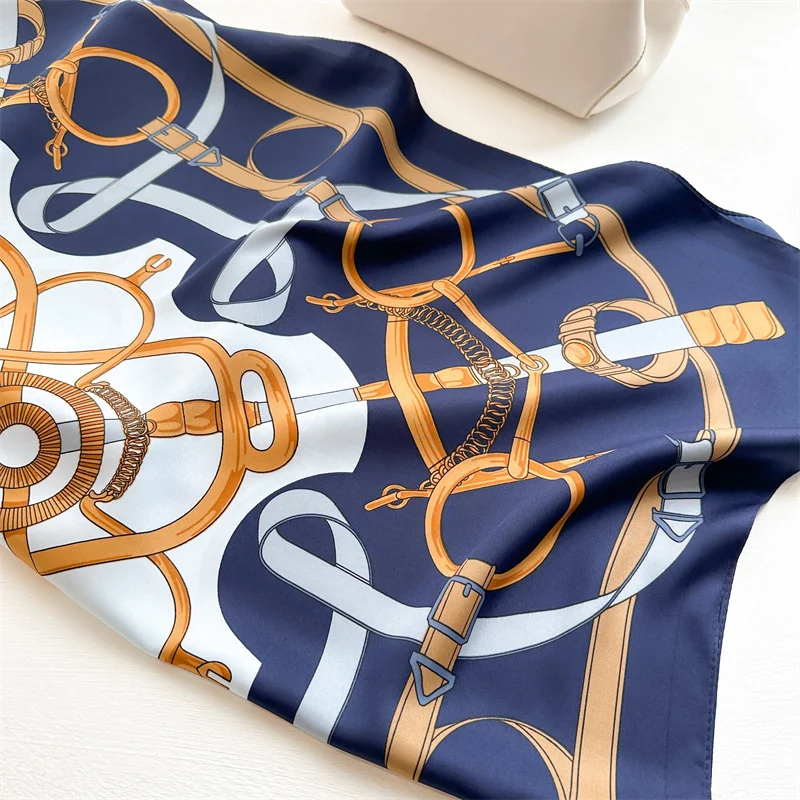 Retro Chain 90cm Printed Large Square Scarf Spring And Autumn Scarf Twill Silk Headscarf All-Match Sunscreen Shawl Female 3