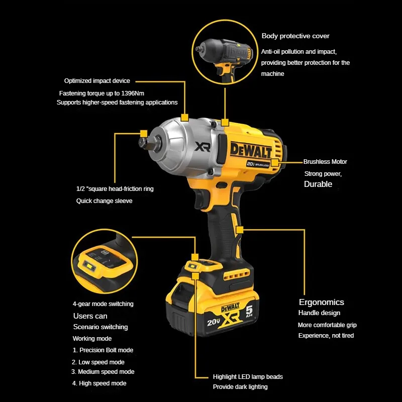 DEWALT 고토크 1/2 리튬 배터리 임팩트 렌치, 20V 브러시리스 전기 캐논 DCF900
