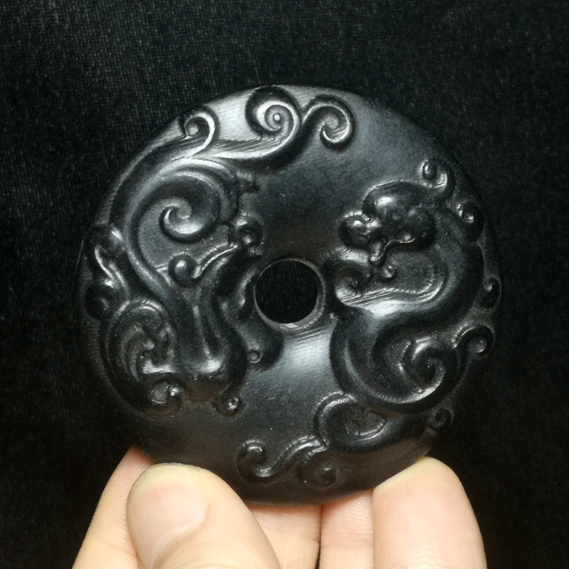 

Old China Hongshan Culture Black Magnet Jade Dragon and Phoenix Pendant 6.7 CM
