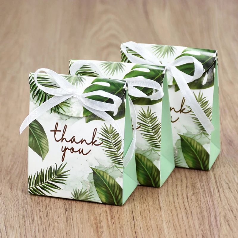 10/50Pcs Thank You Candy Gift Box Green Leaf Cookie Chocolate Packaging Bag Wedding Favors for Guest Birthday Party Decor Supply
