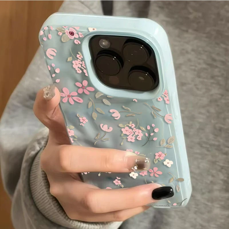 Pink Flower Pattern Shockproof Soft Phone Case with Folds Texture Cover