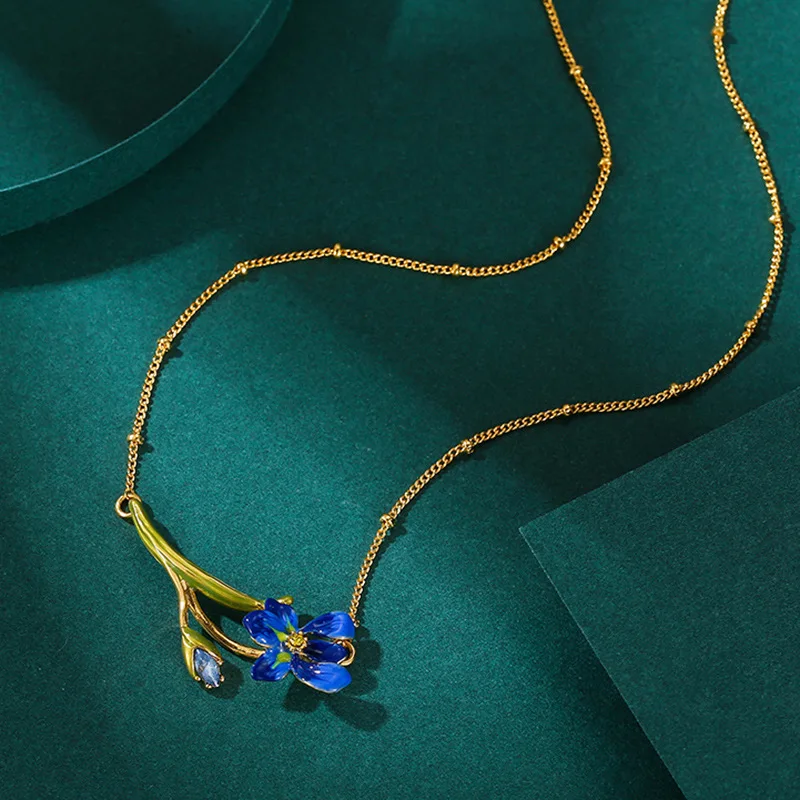 Luxury Sweet Fashion Flower Pendant Blue Iris Flower-de-luce Asymmetrical Long Earrings Necklace for Women Jewelry Accessories