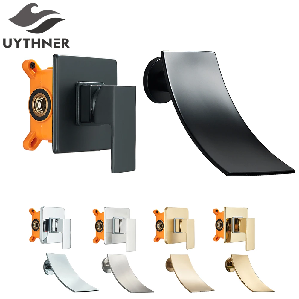 ก๊อกน้ำตกติดผนังสีดำ ทำจากทองเหลือง สำหรับอ่างอาบน้ำ แบบฝังในผนัง ก๊อกผสมน้ำร้อนน้ำเย็นแบบมือจับเดี่ยว 1