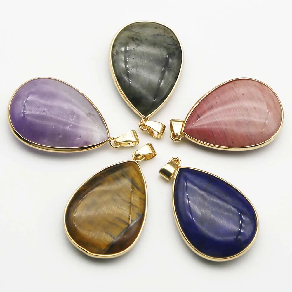 Quality Natural Stone Goldplated Edge Crystal Agate Water Drop Pendant Mineral Healing Charms Jewelry Accessories Wholesale 4Pcs