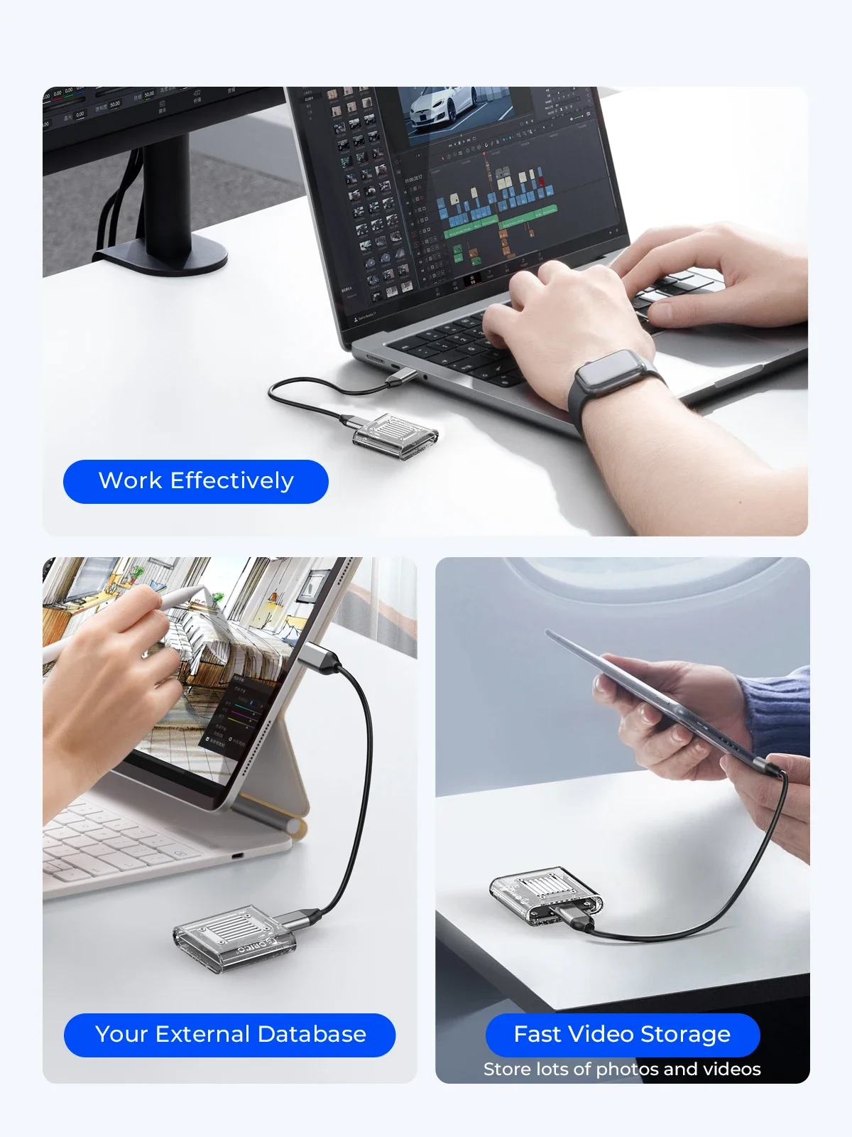 ORICO M.2 SSD 케이스 NVME SSD 인클로저 도구 무료 10Gbps M.2-USB C타입 투명 외장 어댑터 지지대 2230 PCIe SSD