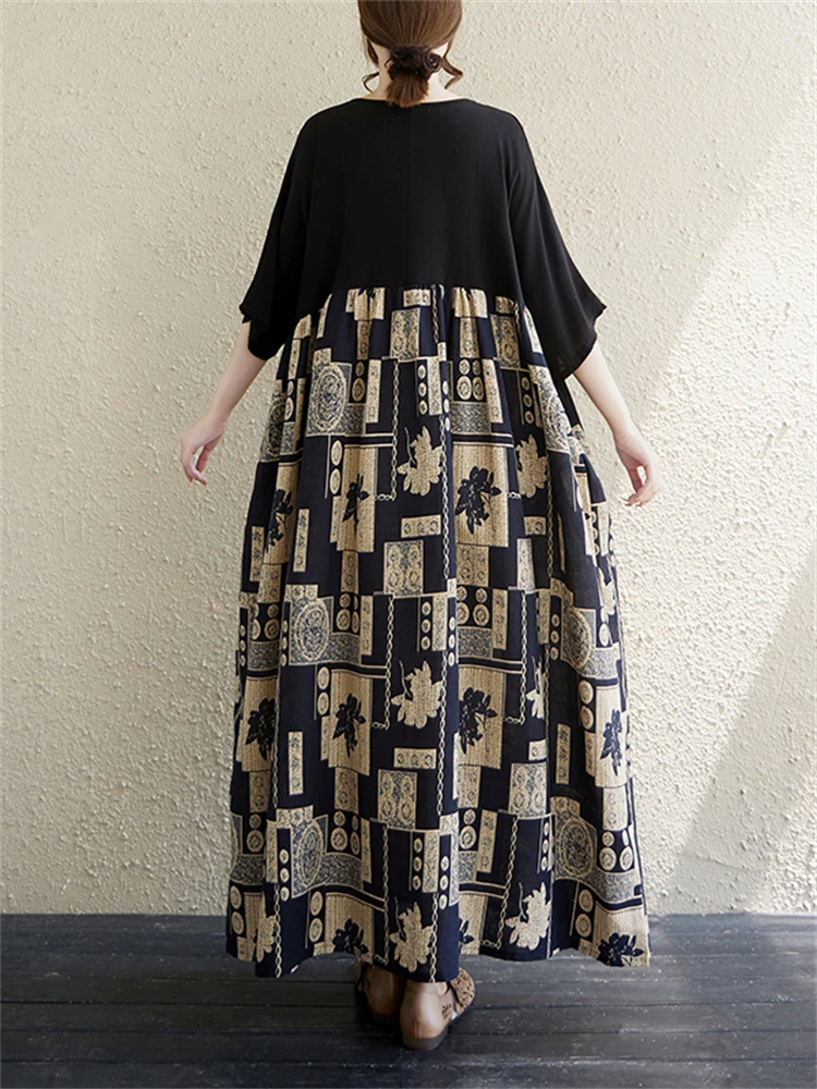 Summer Cotton Vintage Casual Loose Women Dresses Short Sleeve Patchwork Dress Femme Vestidos Office Lady Elegant Long Clothing