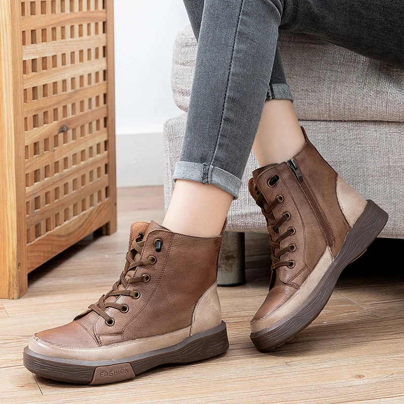 

Women Genuine Leather Ankle Boots Flats Ladies Zip Plush Warm Winter Shoes Female Fashion Soft Sewing Retro Short Boots