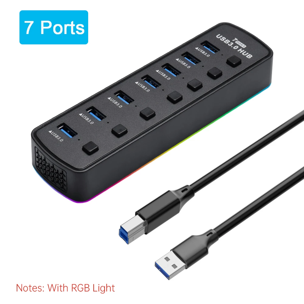Enhanced RGB USB Hub with 7-Port High-Speed Data Adapter and Individual On/Off Switches