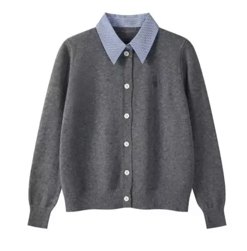 Embroidery Knitted Cardigan Women Fake Two Shirts Collar Patchwork Single Breasted Sweater Coats Temperament Elegant Female Tops - Image 2