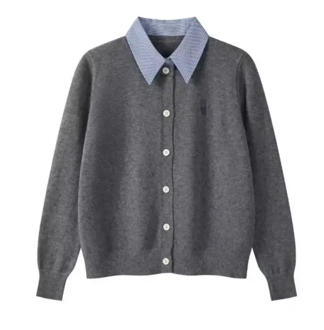 Embroidery Knitted Cardigan Women Fake Two Shirts Collar Patchwork Single Breasted Sweater Coats Temperament Elegant Female Tops - Image 2