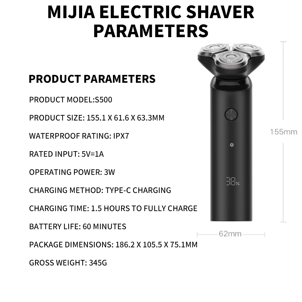 XIAOMI MIJIA S500 Electric Shaver - WetDry Triple Blade Mens Razor
