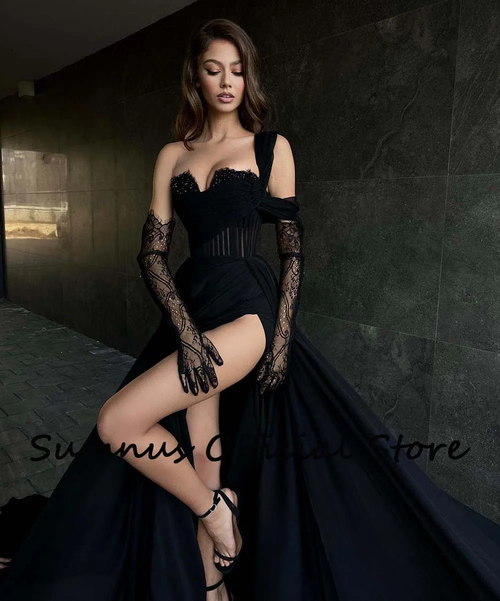 Women Prom Dresses Sumnus Black Sexy Mermaid Prom Dresses One Shoulder Leg Split Corset Sweetheart Evening Party Gowns With Train Pageant Gown