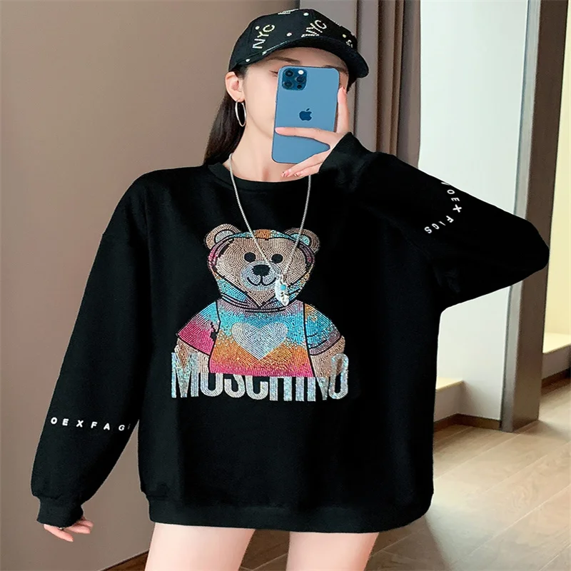 

Sandro Rivers French Hiphop Teddy Bear Hot Drill Round Neck Black Sweater Women's Plush Loose Fall 2022 New Medium Long Top