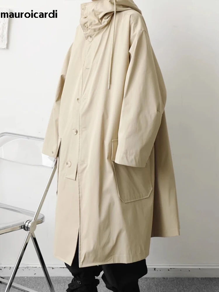 Mauroicardi Spring Autumn Long Black Khaki Oversized Trench Coat Men with Hood Pockets Loose Casual Windproof Windbreaker