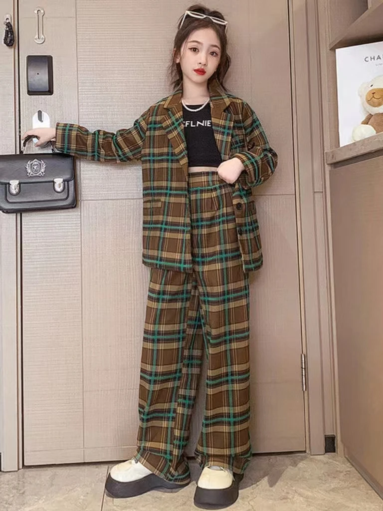 

New Girls Lattice Blazer Suit Casual Jacket Straight Pants Two Pieces School Children Clothing Set Autumn Teen Kids Costum 4-14