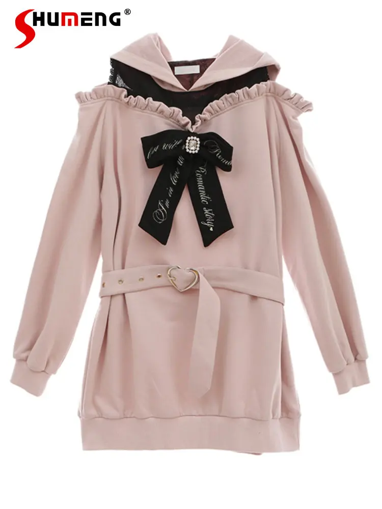 Japanese Style Kawaii Women Hooded Sweatshirt 2023 Autumn New Lace Patchwork Cold-Shoulder Long Sleeve Embroidered Bow Hoodies