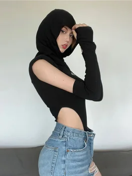 Summer Fashion Slim Solid Color Bodysuit One-Piece Round Neck Hooded Sleeveless Lingerie Sexy Streetwear Casual Festival Outfit