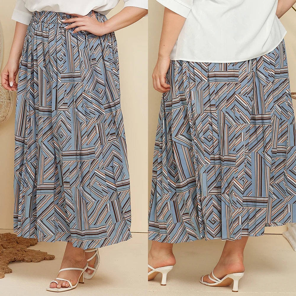 A Lin Summer Plus Size Geometric Printed Pleated Skirts For Women Long Pleated Skirt Woman Clothing Casual Streetwear 4xl Boho