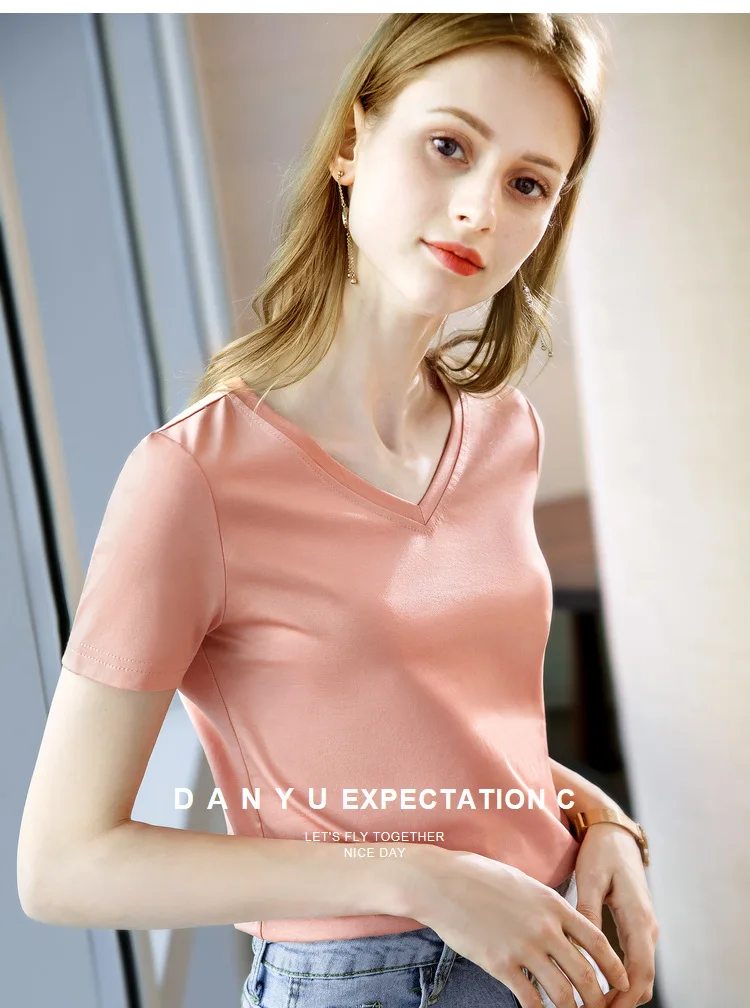 Ice Sensitive Silk Cotton V-neck Short Sleeved T-shirt for Women's Solid Round Neck Basic Commuting Elastic Oversized Top