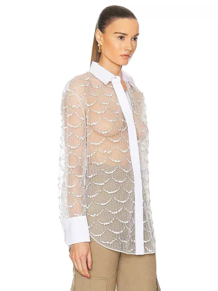 

T-shirt y2k spring/summer beaded fish scale sequins patchwork mesh long sleeveWomen shirts2024korean fashion simple Women top