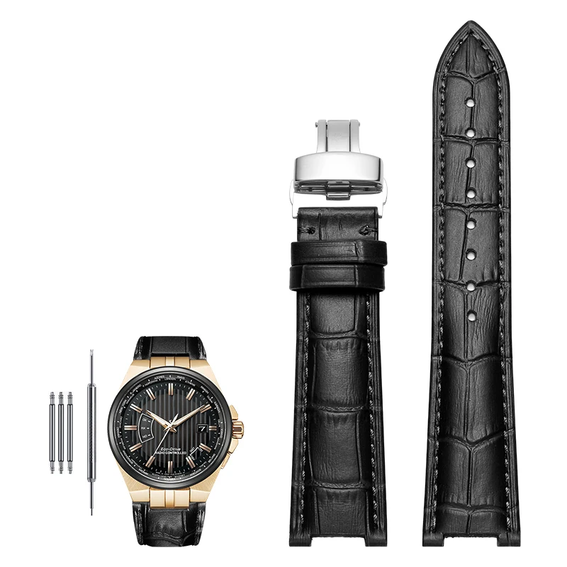 Genuine Leather Notched Watchband for Men's Watches, 24x13mm