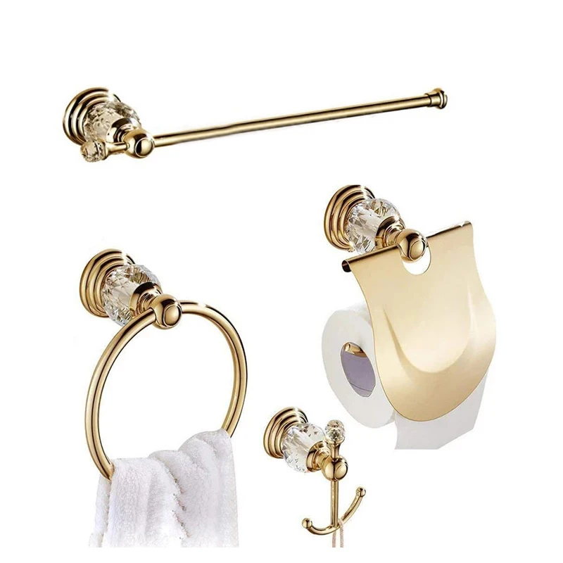 คริสตัลหรูหราชุดอุปกรณ์ห้องน้ําทองเหลืองขัดเงา Bath ฮาร์ดแวร์ชุดติดผนังผู้ถือกระดาษตะขอผ้าเช็ดตัวแหวนบาร์ 1