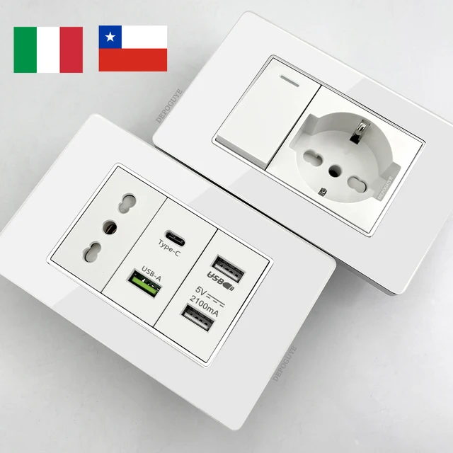 White Tempered Glass Italy USB Type C Smart Fast Charging Wall Socket Plugs Schuko Light Switch Panel Chile TV Sat Computer CAT6